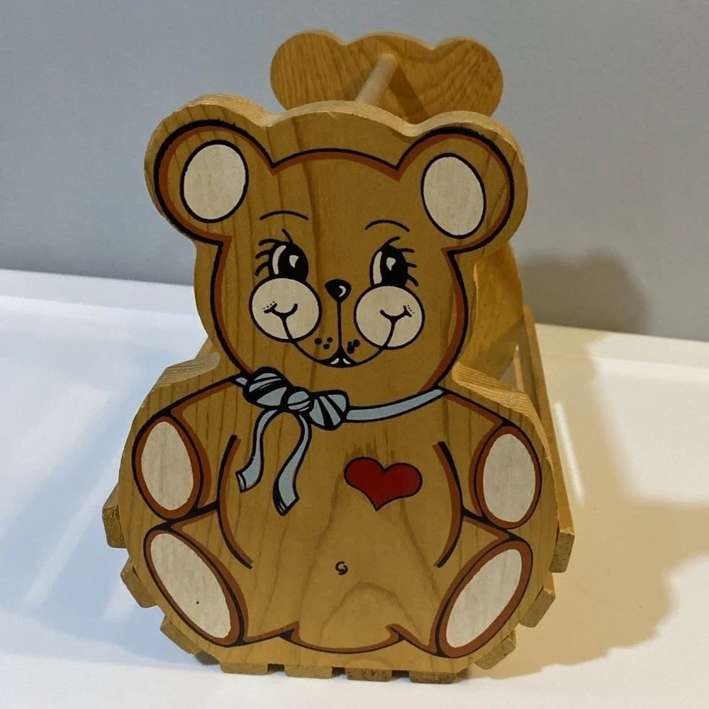 Vintage Wooden Slat Basket Teddy Bear‎ Design Country Cottage Core Kids Decor